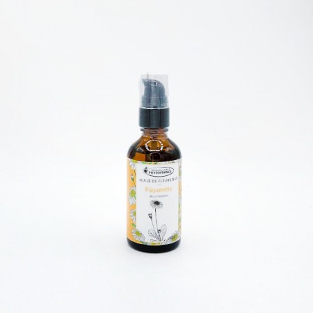 Flacon d'huile de fleur de "pâquerette" de la marque phytofrance en 50ml. A pour effet d'agir sur le relâchement de la peau.