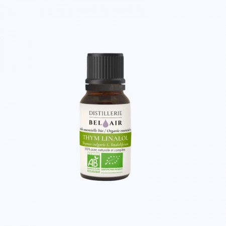 Flacon d'huile essentielle de "thyl à linalol" en 10ml de la marque Bel Air, qui a pour effet d'être un anti-bactérien