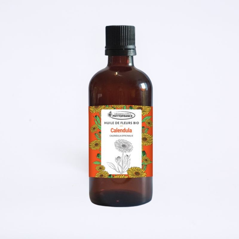 Flacon de 100ml de huilde de fleur de calendula de la marque phytofrance, pour l'hydratation, possède un effet anti-âge Flacon de 100ml de huilde de fleur de calendula de la marque phytofrance, pour l'hydratation, possède un effet anti-âge