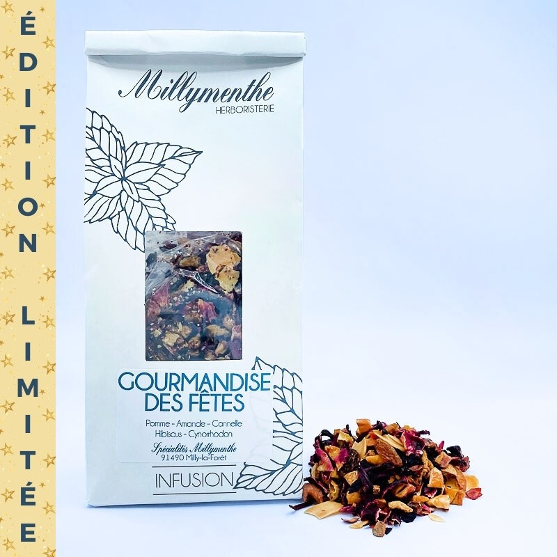 Infusion Gourmandise des fêtes aux saveurs de pomme, amande, cannelle, hibiscus et cynorrhodon. Infusion Gourmandise des fêtes aux saveurs de pomme, amande, cannelle, hibiscus et cynorrhodon.