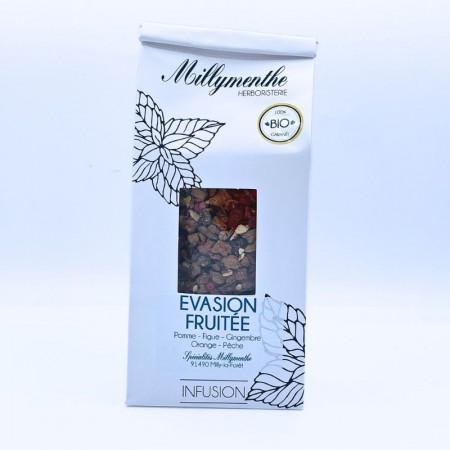 Sachet d'infusion "évasion fruitée" création spécial Millymenthe, dans son sachet en carton recyclable.