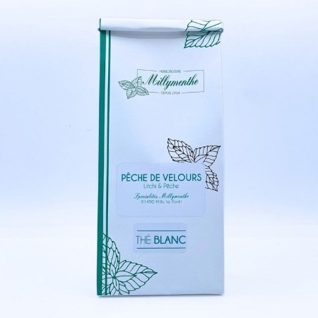 Sachet papier recyclable du the blanc "pêche de velours", une nouveautés de chez millymenthe.
