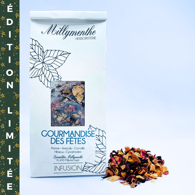 Infusion Gourmandise des fêtes aux saveurs de pomme, amande, cannelle, hibiscus et cynorrhodon.