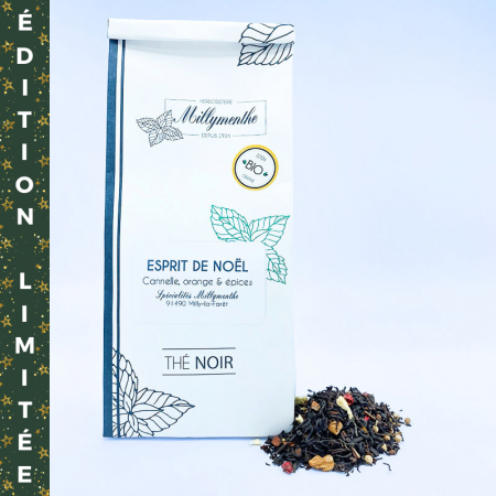 Esprit de Noël Thé noir aux saveurs de cannelle, orange et épices.