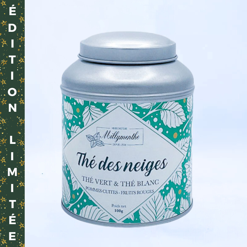 Thé des Neiges - Boîte métal. Thé Vert et Thé Blanc aux saveurs de pommes cuites et fruits rouges.