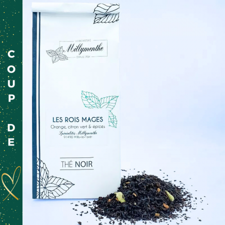 Les Rois Mages Thé Noir aux saveurs orange, citron vert et épices.