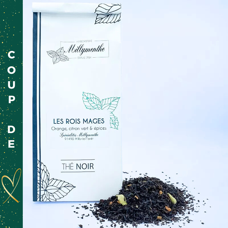 Les Rois Mages Thé Noir aux saveurs orange, citron vert et épices.