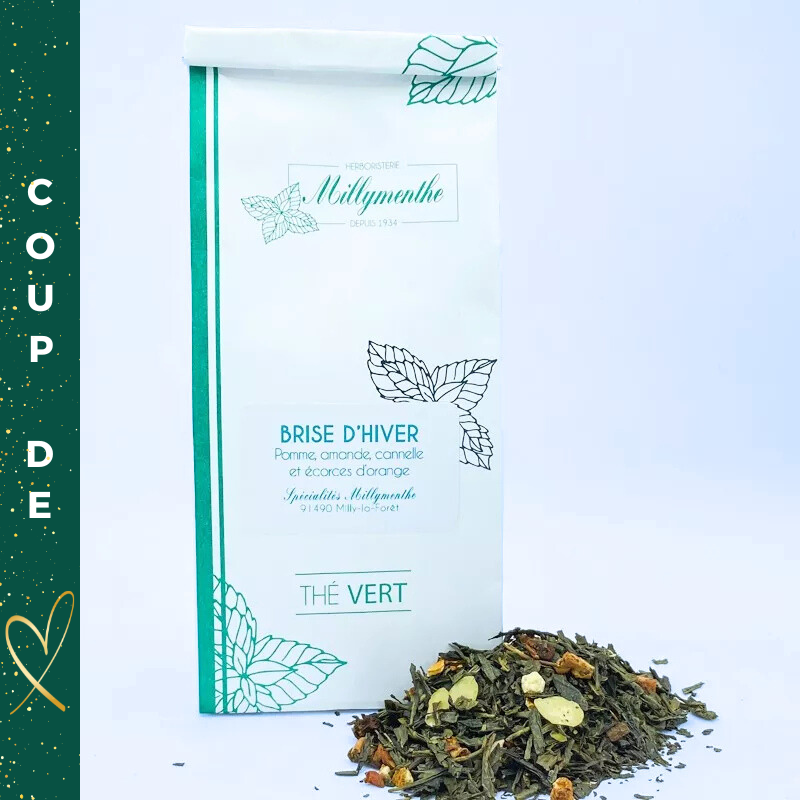 Brise d'hiver. Thé Vert aux saveurs de pomme, amande, cannelle et écorces d'orange.