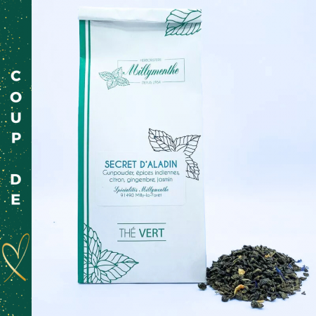 Secret d'Aladin. Thé Vert aux saveurs de Gunpowder, épices indiennes, citron, gingembre et jasmin.
