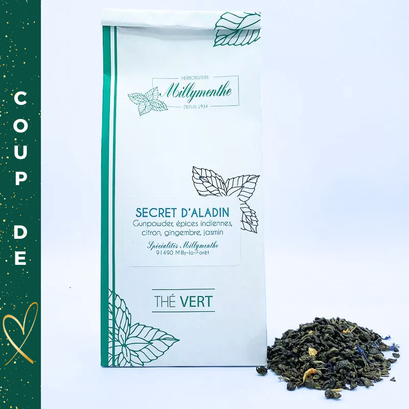 Secret d'Aladin. Thé Vert aux saveurs de Gunpowder, épices indiennes, citron, gingembre et jasmin.