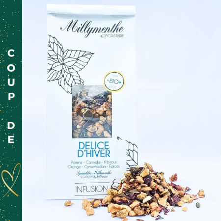 Infusion Délice d'hiver aux saveurs de pomme, cannelle, hibiscus, orange, cynorrhodon et épices.