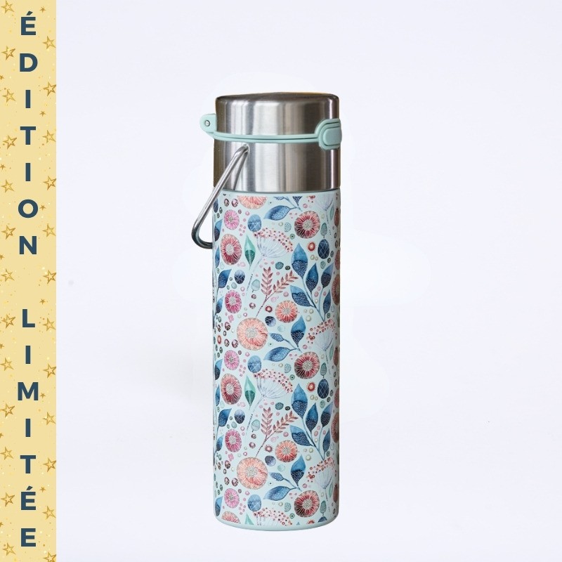 Gourde thermo en acier inoxydable  à motif floral.