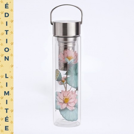 Théière/gourde en verre avec son infuseur inoxydable intégré. Design fleur de lotus.