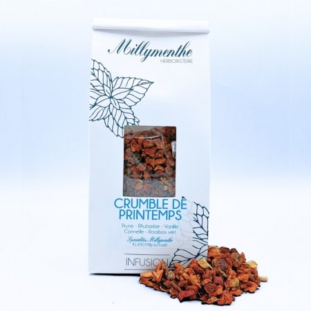 Sachet de tisane "crumble de printemps" aux notes de prune, rhubarbe, vanille, cannelle et rooibos vert.