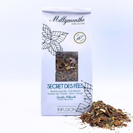 Sachet de l'infusion secret des fées BIO à base de verveine citronnée, fruits des bois, rooibos vert, pomme, citron, orange.