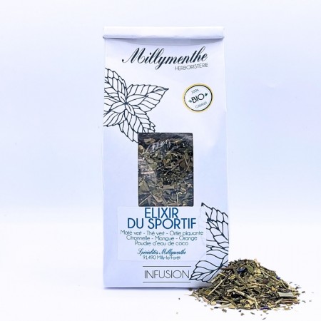 Infusion "Elixir du sportif" Maté vert, thé vert, ortie piquante, citronnelle, mangue, orange et poudre d'eau de coco.