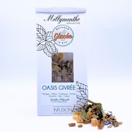 Infusion glacée "oasis givrée" composés de Mangue, melon, pastèque, pomme, verveine, kiwi, cerise.
