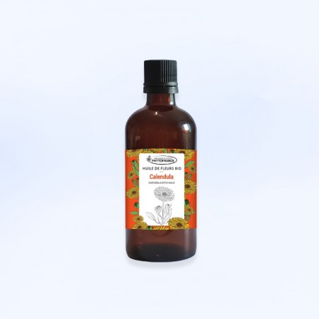 Flacon de 100ml de huilde de fleur de calendula de la marque phytofrance, pour l'hydratation, possède un effet anti-âge
