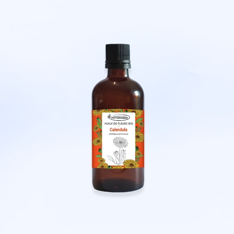 Flacon de 100ml de huilde de fleur de calendula de la marque phytofrance, pour l'hydratation, possède un effet anti-âge