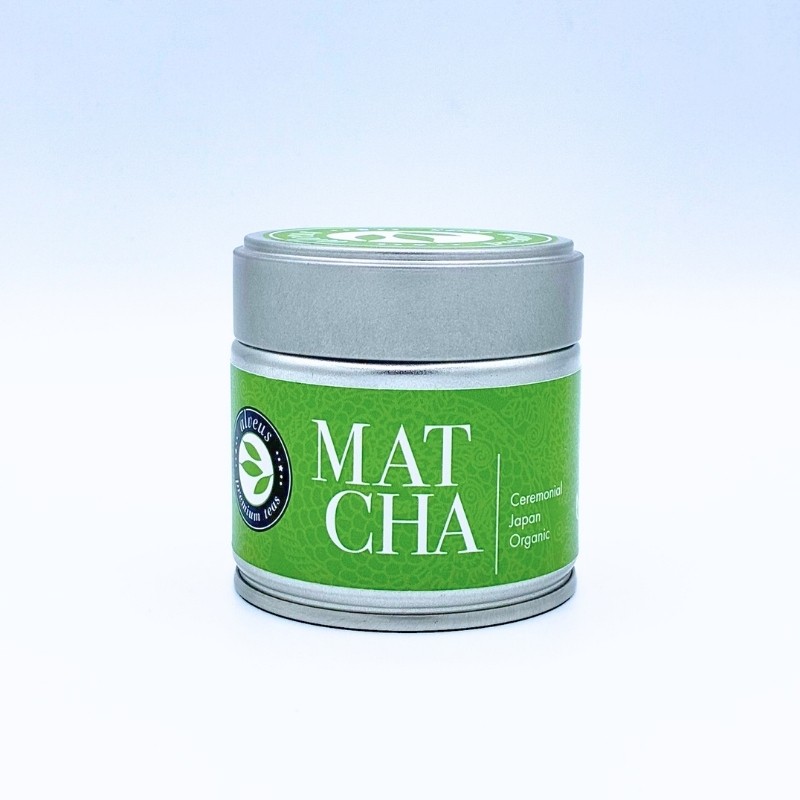 Boite de matcha avec ouverture hermétique.