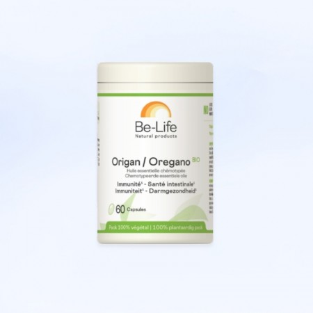 Boîte de 60 gélules "origan" de la marque be-life, blanche et verte.