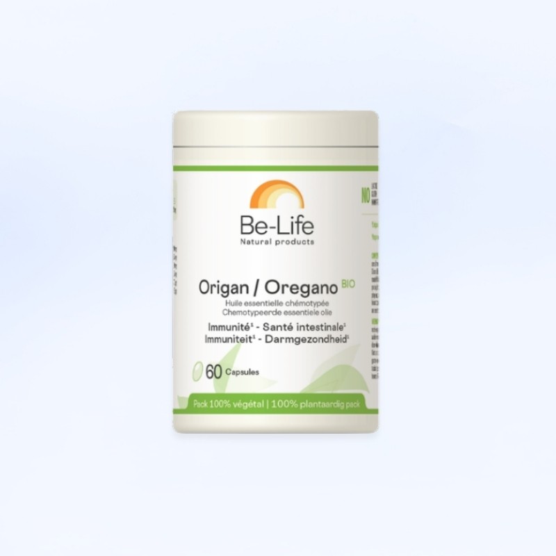 Boîte de 60 gélules "origan" de la marque be-life, blanche et verte.