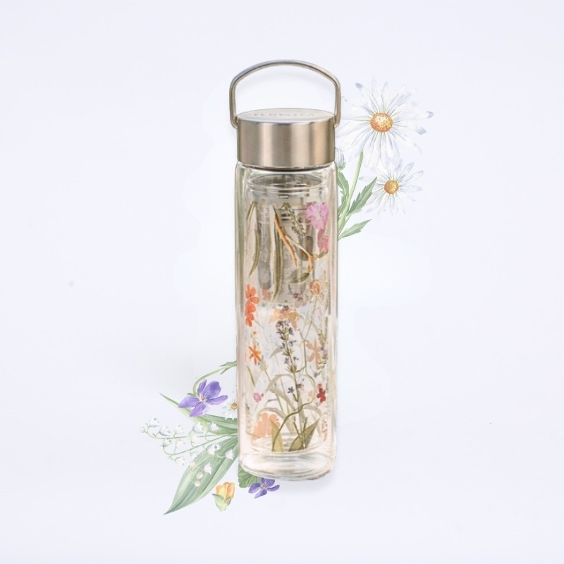 Théière/Gourde en verre avec infuseur intégré à motif floral