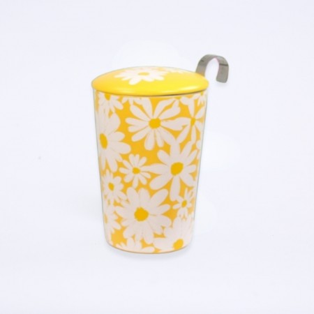 Mug en porcelaine jaune au motif floral blanche, inclus avec son infuseur en inox