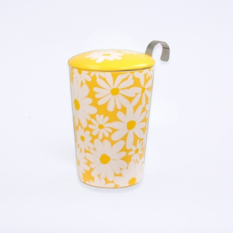 Mug en porcelaine jaune au motif floral blanche, inclus avec son infuseur en inox