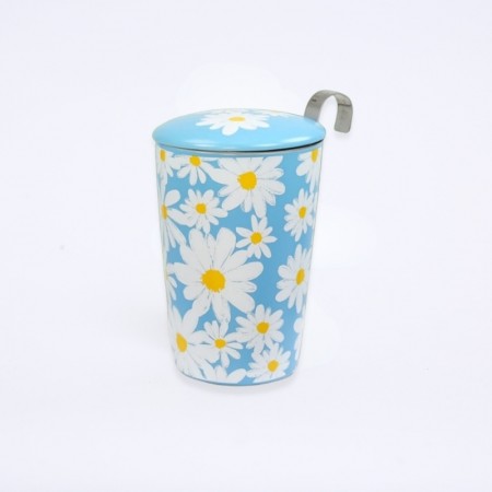 Mug bleu clair au motif floral blanche et jaune, avec son infuseur inox.