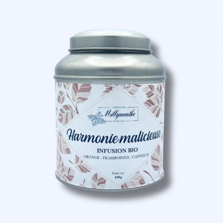 Boîte métal d'infusion "Harmonie malicieuse" composés d'orange, framboisier et cannelle