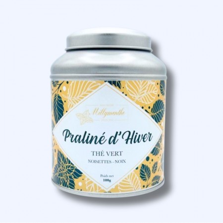 Boîte métal du thé vert "praliné d'hiver" composés de noisette et noix