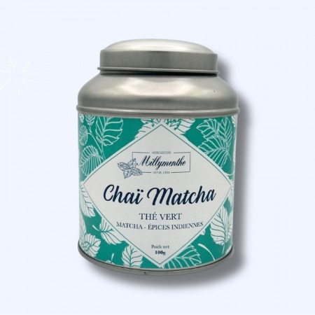 Boîte métal de "chaï matcha" thé vert composés de matcha et d'épices indiennes