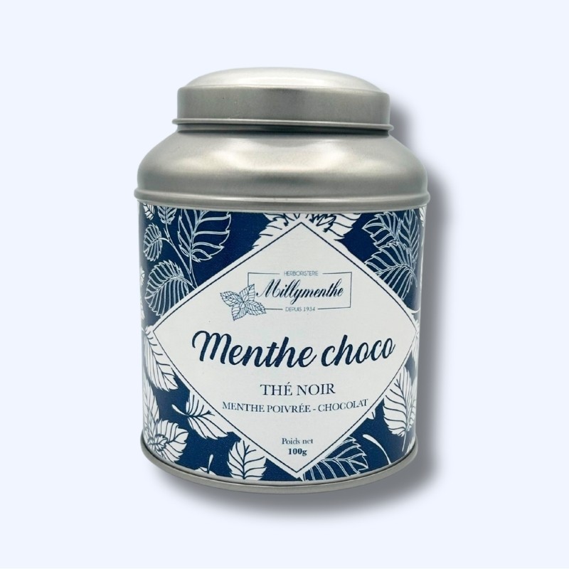 Boîte métal de thé noir "menthe choco" composés de menthe poivrée et de chocolat