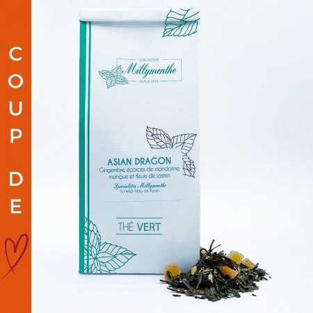 Thé vert Sencha et thé blanc Pai Mu Tan à l'écorce de mandarine, gingembre, mangue, lavande et fleurs de jasmin.