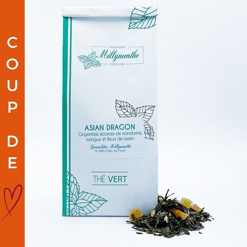 Thé vert Sencha et thé blanc Pai Mu Tan à l'écorce de mandarine, gingembre, mangue, lavande et fleurs de jasmin.