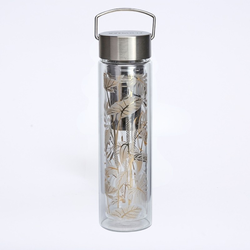 Gourde théière en verre "tropic summer" au motif de feuille dorée