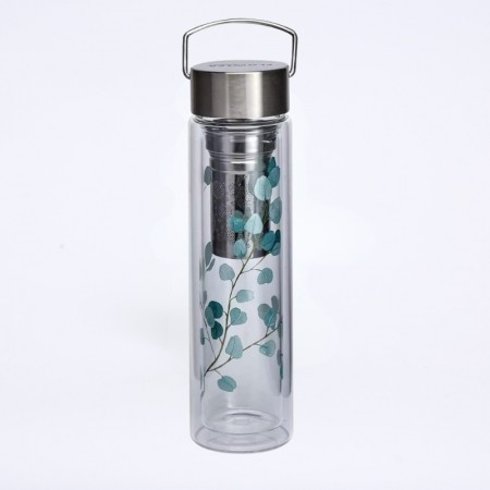 Théière/gourde en verre au motif de feuilles d'eucalyptus bleu