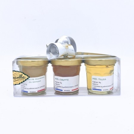 Trio de miel du gâtinais de 50g chacun composés d'un miel de carotte, tilleul et de fleurs de printemps